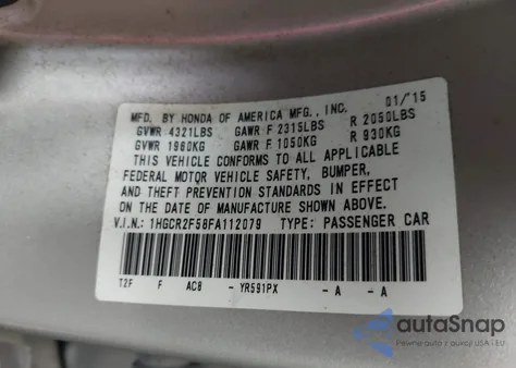 2015 Honda Accord Sport из США, поврежденный, VIN 1HGCR2F58FA112079